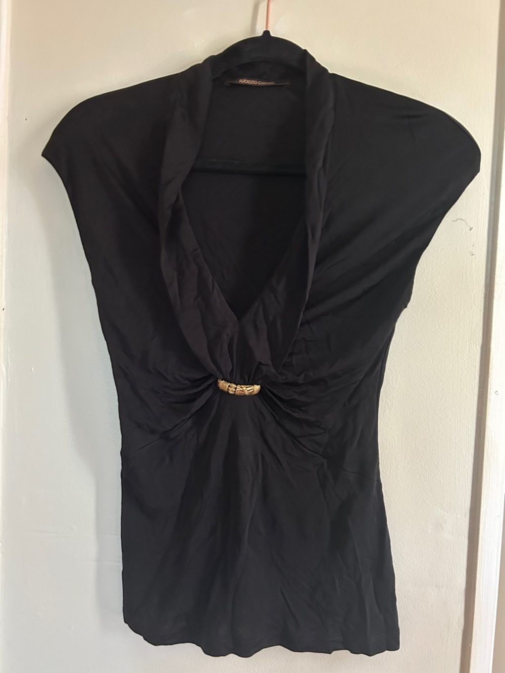 Roberto Cavalli Black V-Neck Draped Top with Gold Accent Ring
